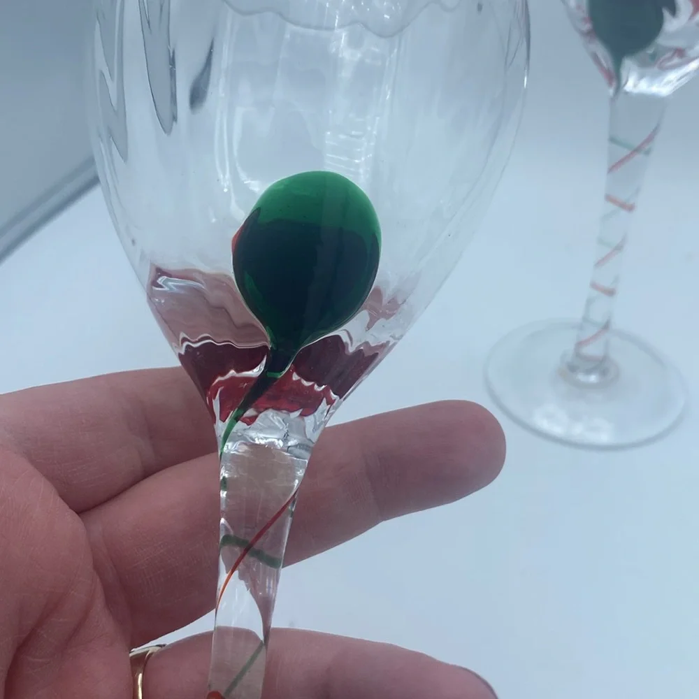 Pier 1 one swirled 9” wine glasses w/ green red teardrop design and swirled stem